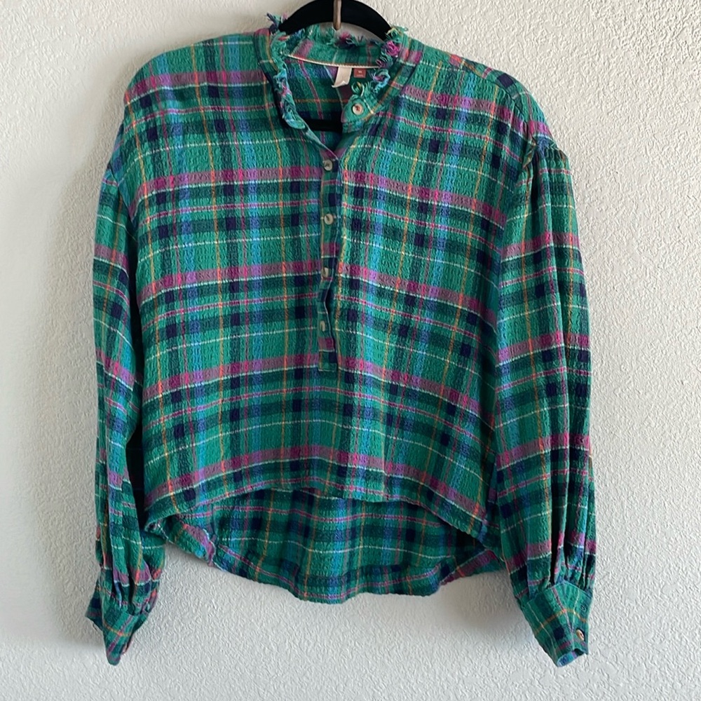 Pilcro Multi Color Plaid Textured Ruffle Long Sleeve Button Down Extra Small
